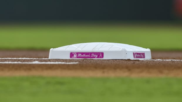 May 13, 2018; Houston, TX, USA; Detail view of first base commemorating mothers day before a game between the Houston Astros and the Texas Rangers at Minute Maid Park.